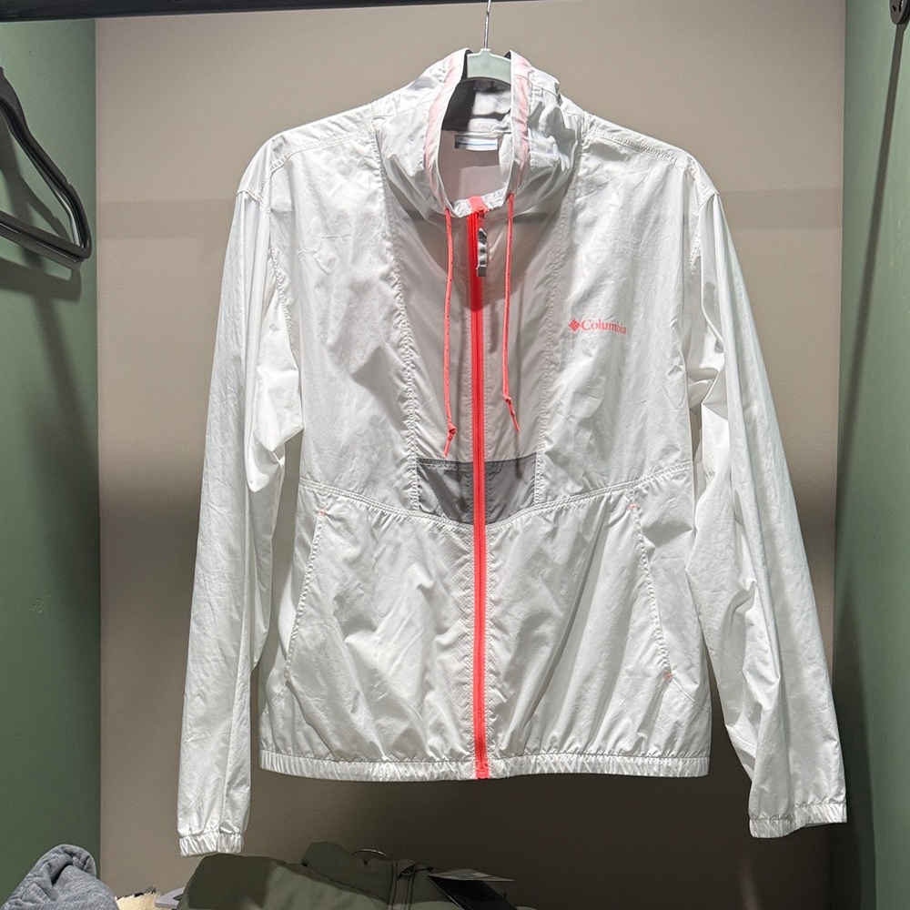 Columbia White Windbreaker Jacket with Coral Highlights